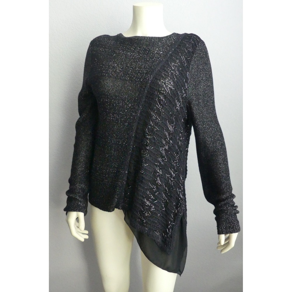 Chico's Black Metallic Asymmetrical Sheer Sweater Mixed Media Top Size 2 Large
